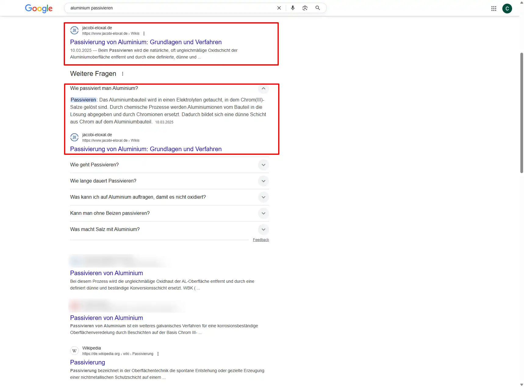 Screenshot zeigt Positionen von Jacobi bei der Googlesuche mti dem Keyword "aluminium passivieren"