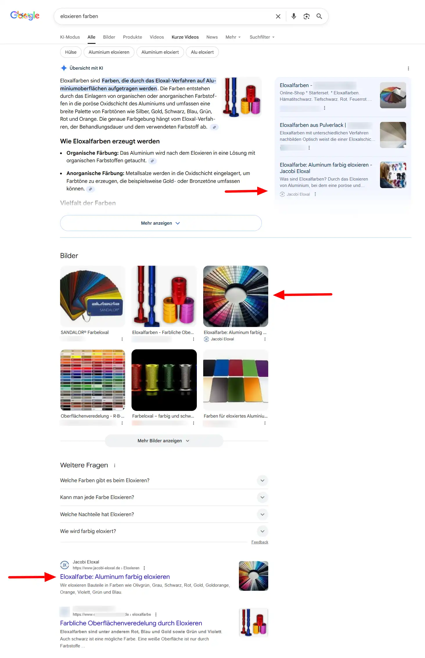 Screenshot der Google-Suche mit dem Keyword eloxieren farben