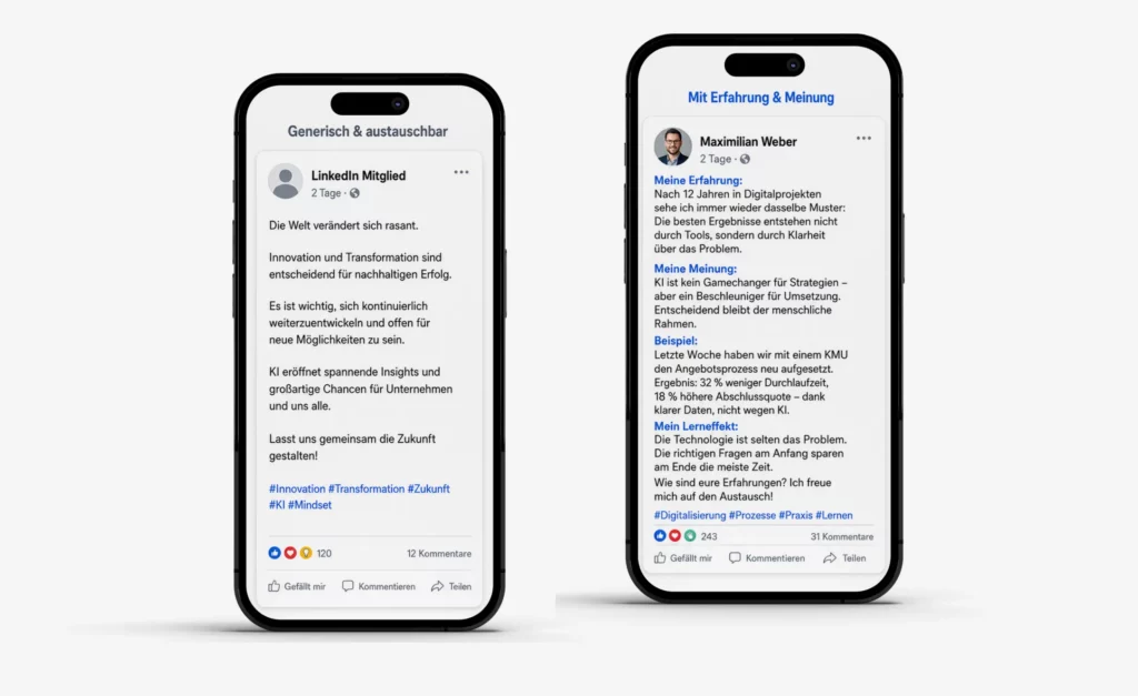 Zwei Mockups von LinkedIn-Posts im Vergleich: generich und austauschbar vs. mit Erfahrung und Meinung